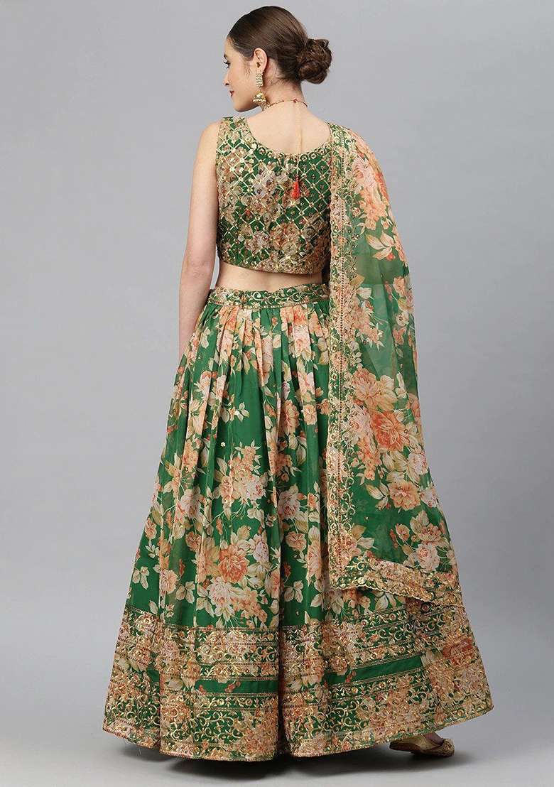 Green Poly Blend Lehenga Set with Embroidered & Sequin for Diwali | Wedding & Festive Wear - Indya