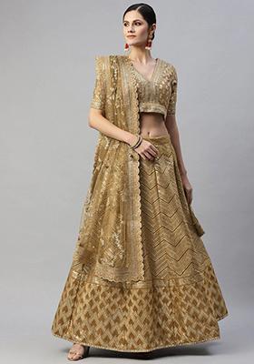 Brown Embroidered Poly Blend Lehenga Set