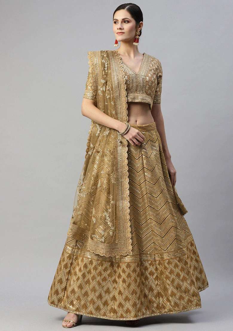Brown Poly Blend Lehenga Set with Embroidered for Diwali | Wedding & Festive Wear - Indya
