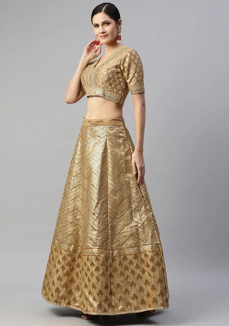 Brown Embroidered Poly Blend Lehenga Set