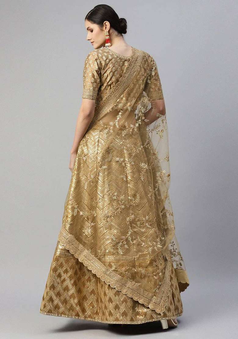 Brown Poly Blend Lehenga Set with Embroidered for Diwali | Wedding & Festive Wear - Indya