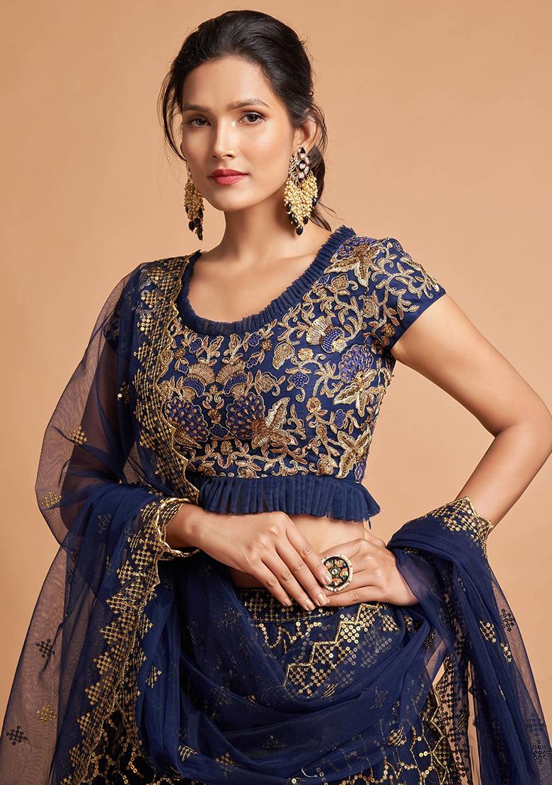 Navy Blue Embroidered Net Lehenga Set