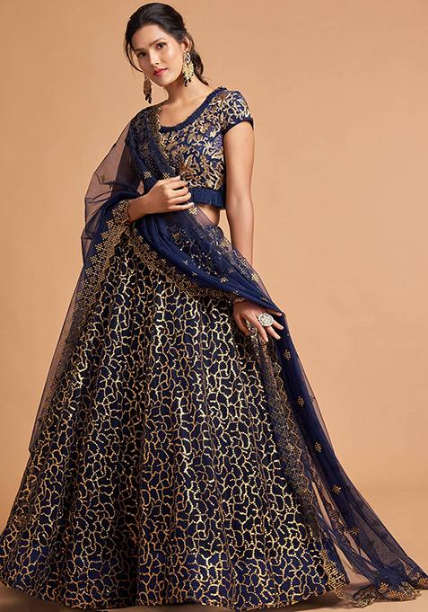 Navy Blue Embroidered Net Lehenga Set