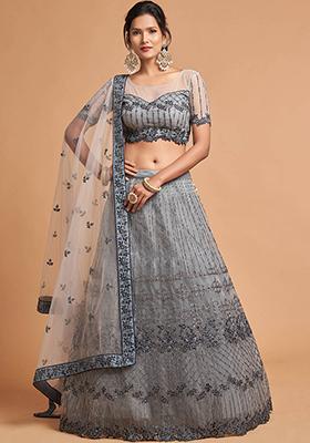 Grey Embroidered Net Lehenga Set
