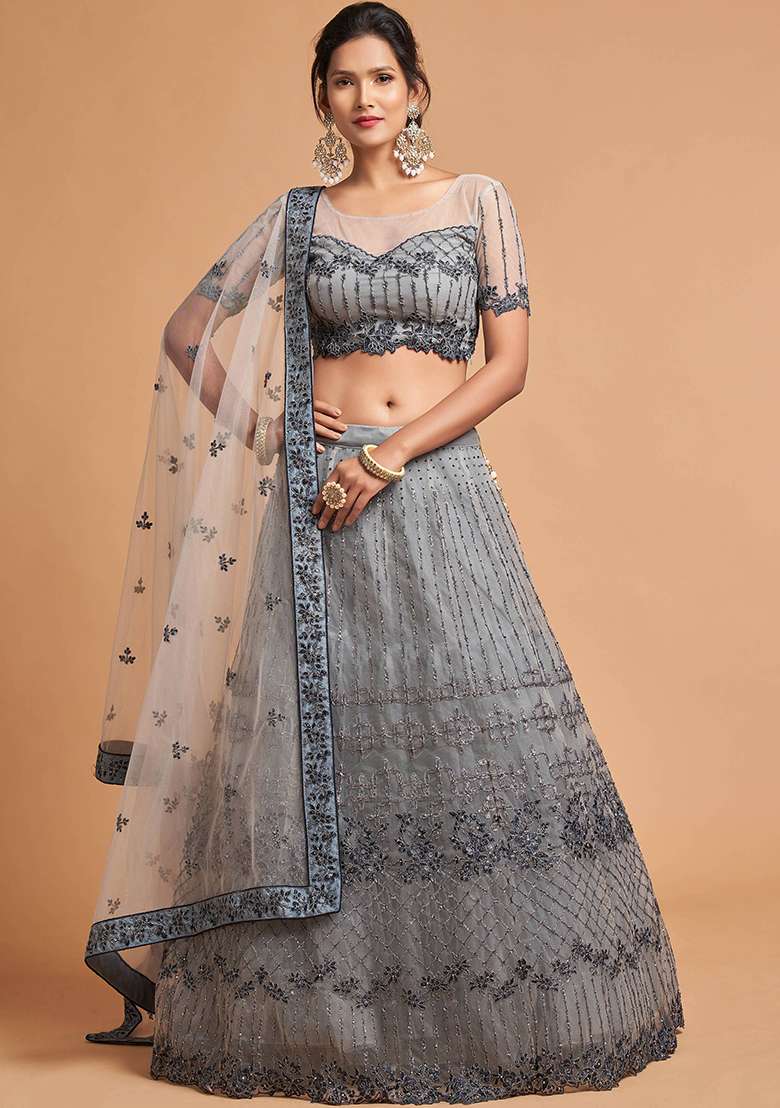 Grey Embroidered Net Lehenga Set - Indya