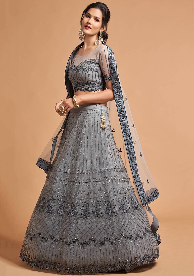 Grey Embroidered Net Lehenga Set