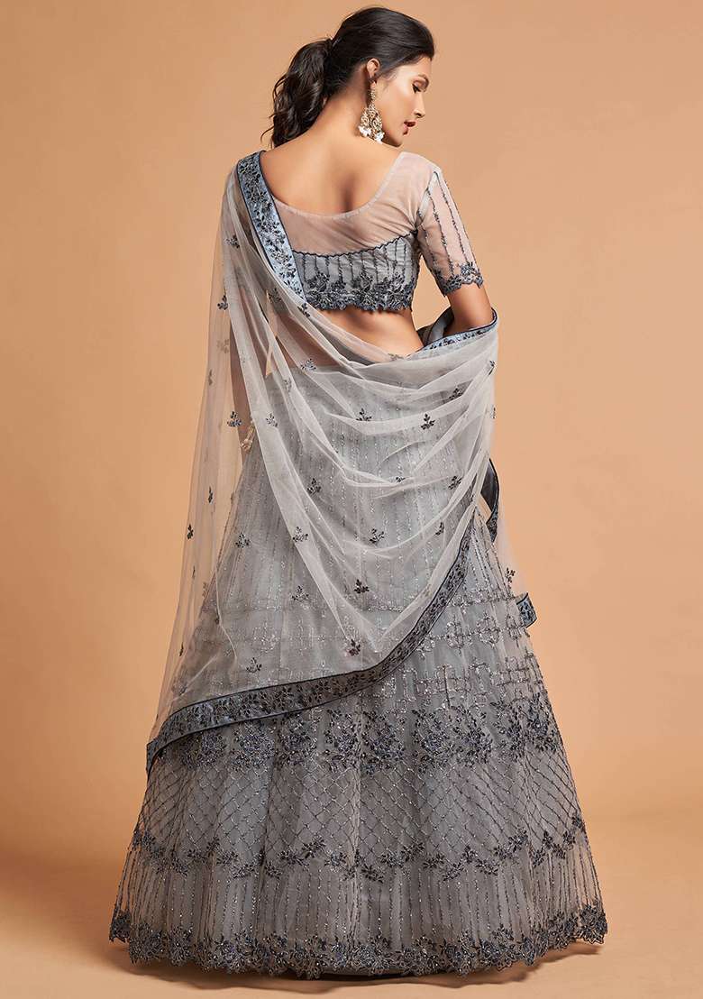 Grey Embroidered Net Lehenga Set - Indya