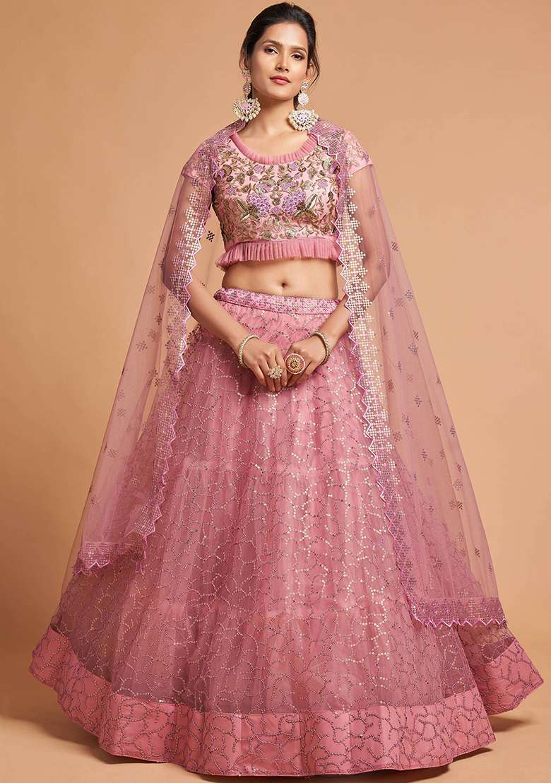 Pink Net Lehenga Set with Embroidered for Diwali | Wedding & Festive Wear - Indya
