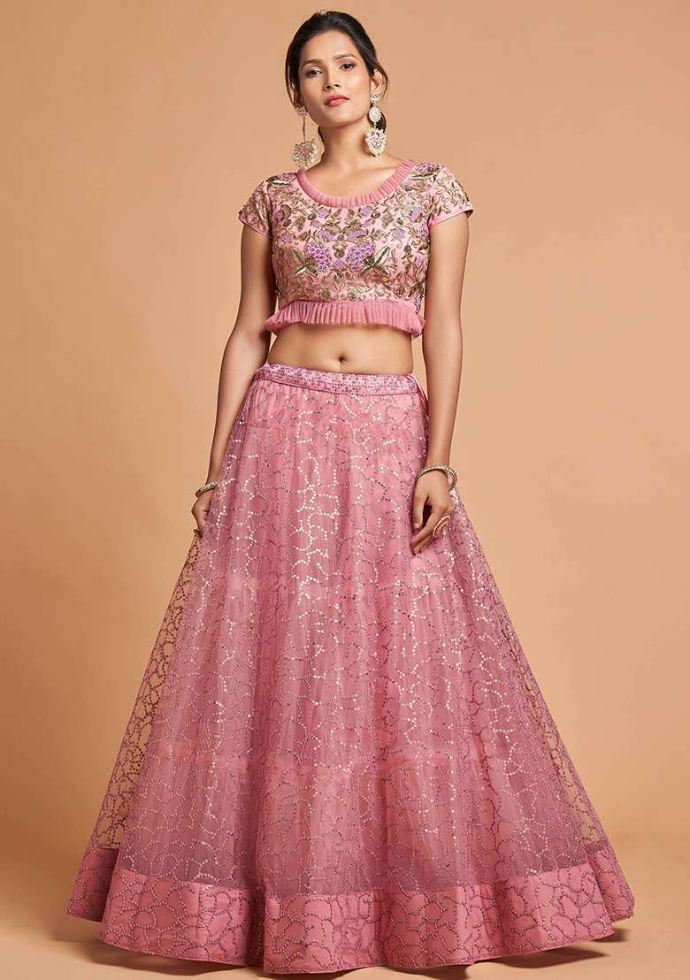 Pink Net Lehenga Set with Embroidered for Diwali | Wedding & Festive Wear - Indya