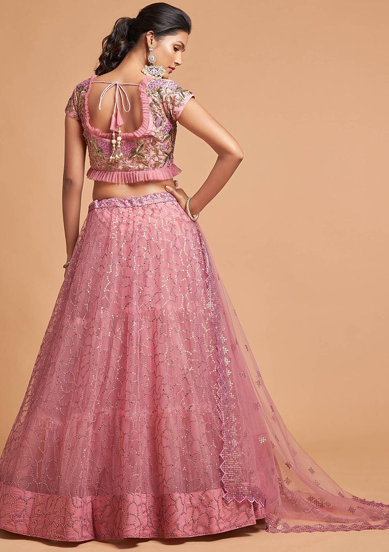 Pink Embroidered Net Lehenga Set