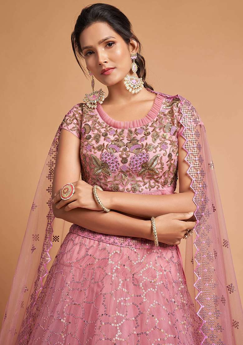 Pink Net Lehenga Set with Embroidered for Diwali | Wedding & Festive Wear - Indya