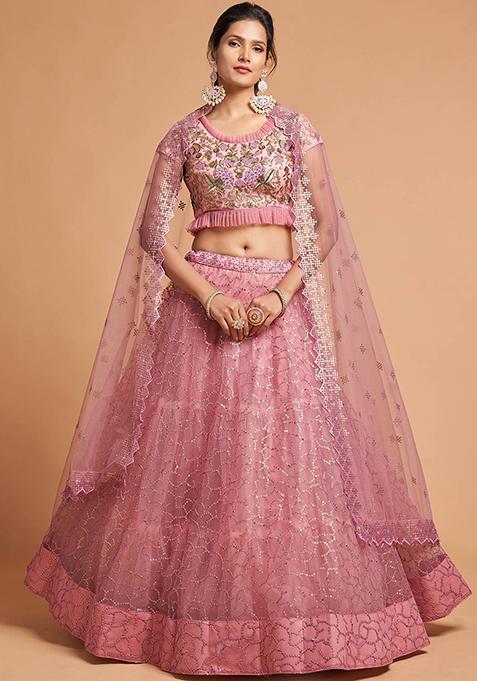Pink Embroidered Net Lehenga Set