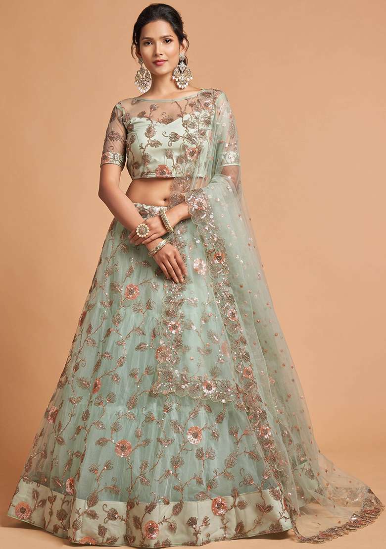 Green Embroidered Net Lehenga Set for Diwali and Festive Wear - Indya