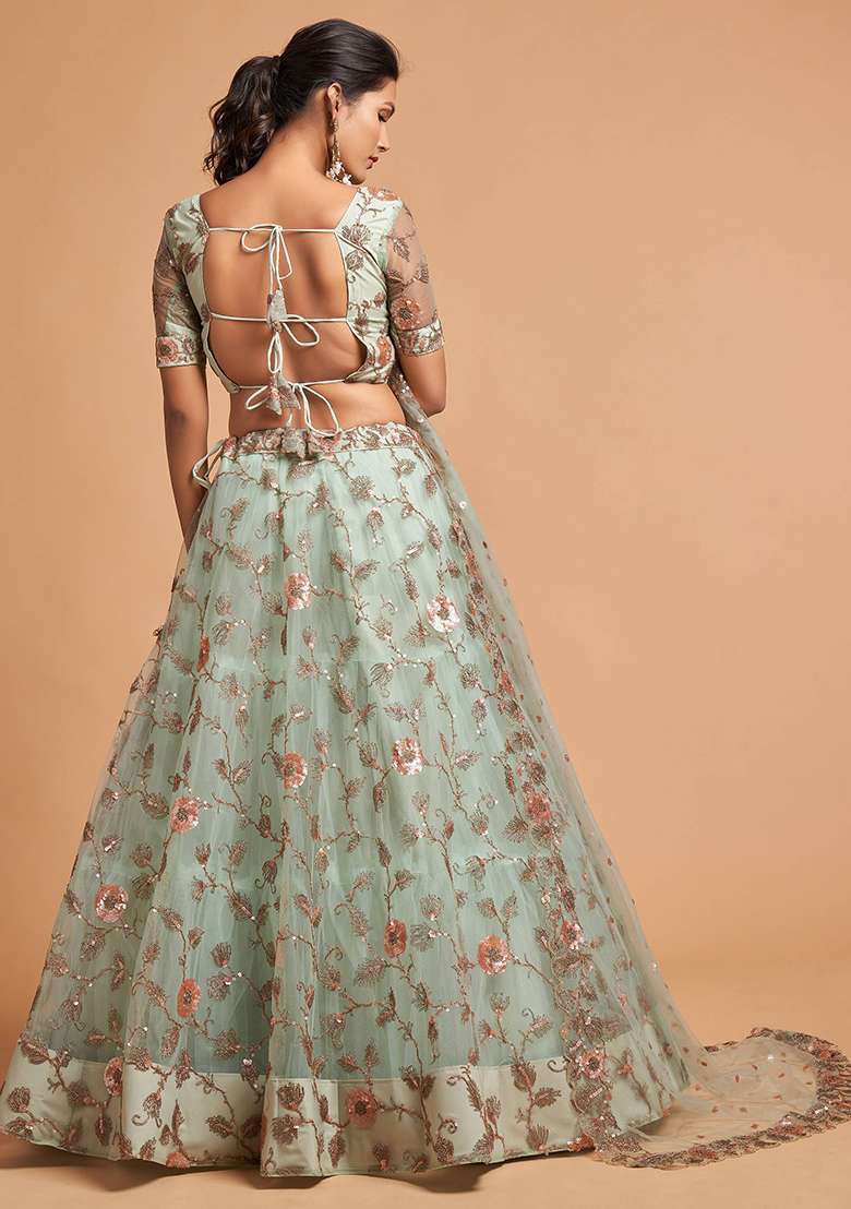 Green Embroidered Net Lehenga Set for Diwali and Festive Wear - Indya