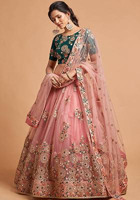 Peach Embroidered Net Lehenga Set
