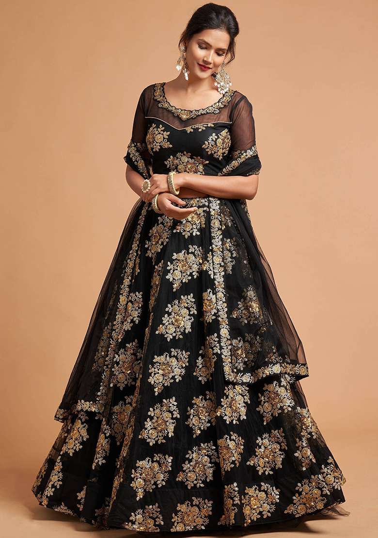 Black Net Lehenga Set with Embroidered for Diwali | Wedding & Festive Wear - Indya