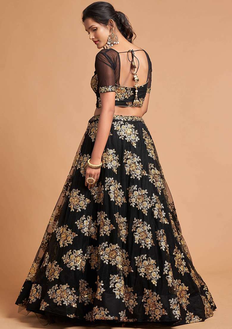 Black Net Lehenga Set with Embroidered for Diwali | Wedding & Festive Wear - Indya