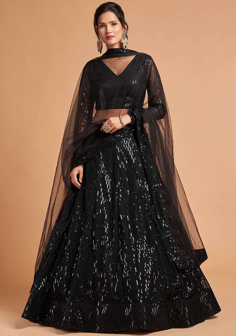 Black Net Lehenga Set with Embroidered for Diwali | Wedding & Festive Wear - Indya