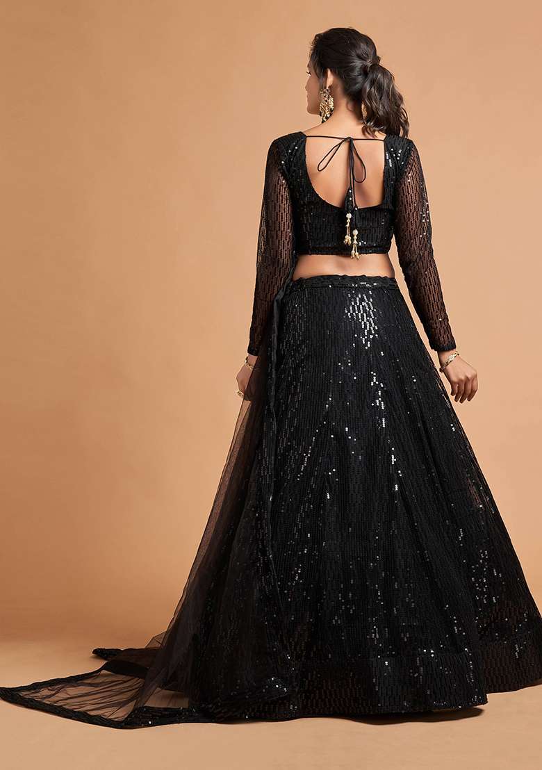 Black Net Lehenga Set with Embroidered for Diwali | Wedding & Festive Wear - Indya