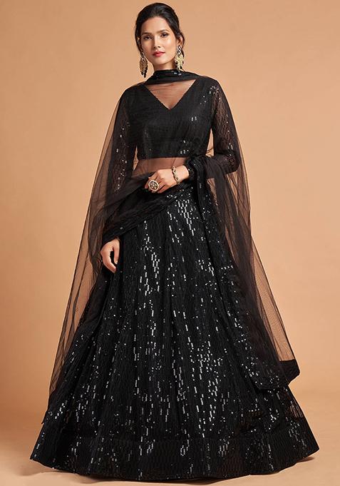 Black Embroidered Net Lehenga Set