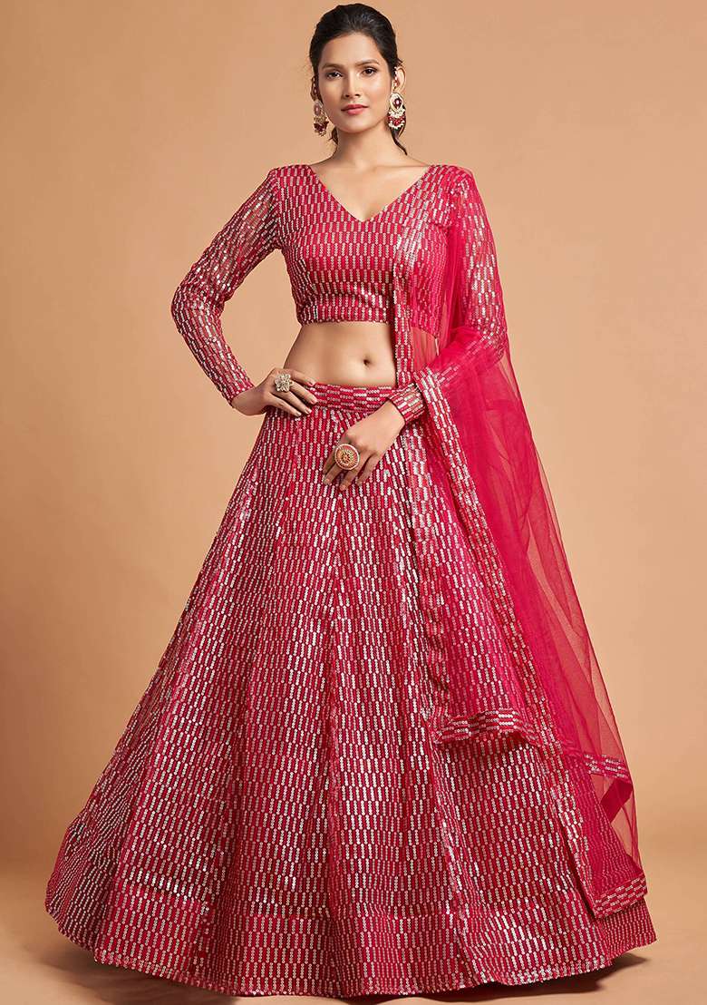 Pink Net Lehenga Set with Embroidered for Diwali | Wedding & Festive Wear - Indya