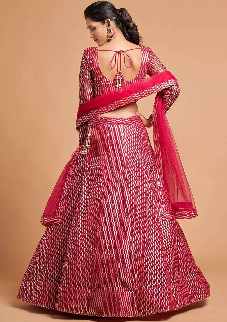 Pink Net Lehenga Set with Embroidered for Diwali | Wedding & Festive Wear - Indya