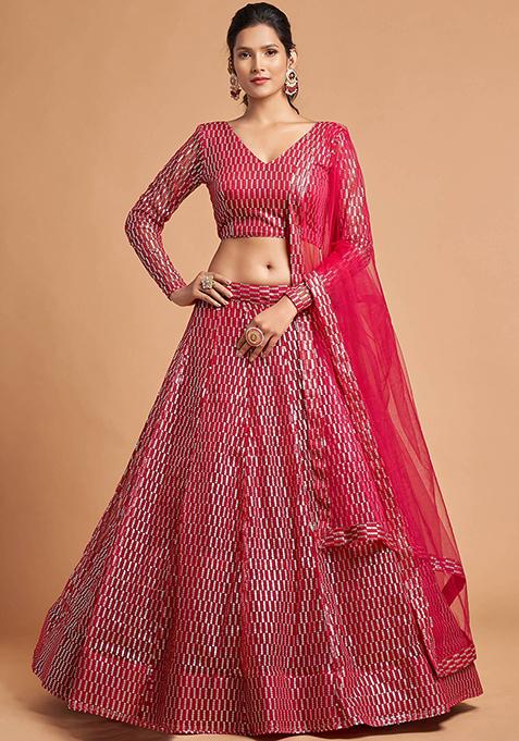 Pink Embroidered Net Lehenga Set
