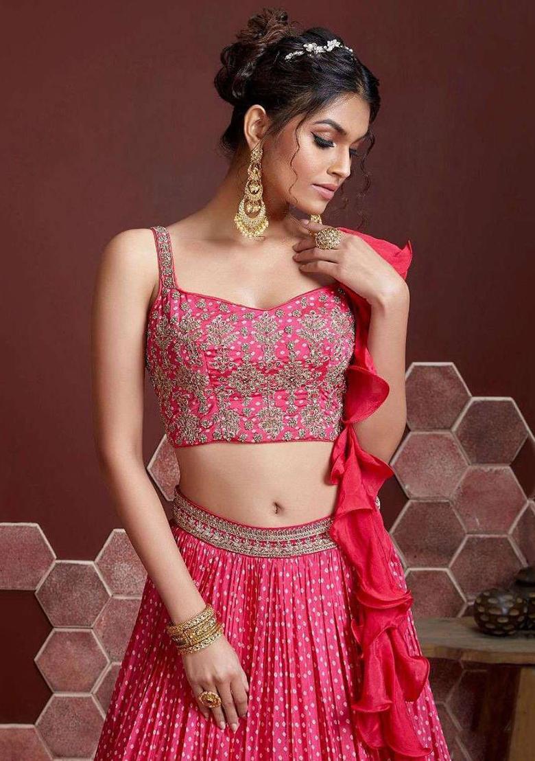 Pink Digital Print Chinon Lehenga Set