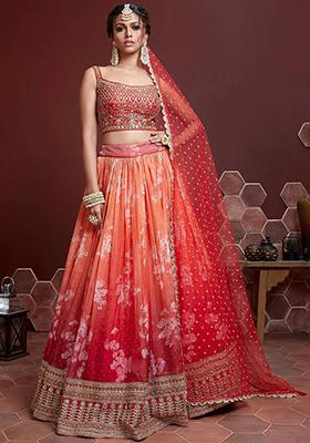 Orange Digital Print Silk Lehenga Set