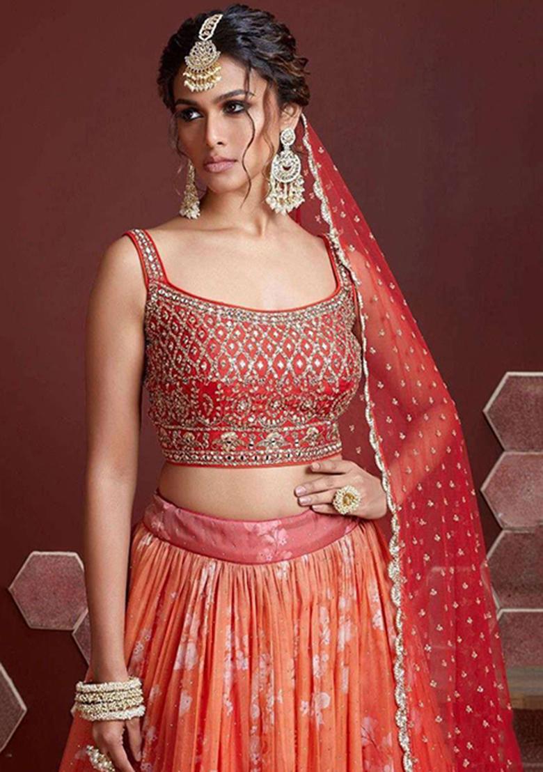 Orange Digital Print Silk Lehenga Set
