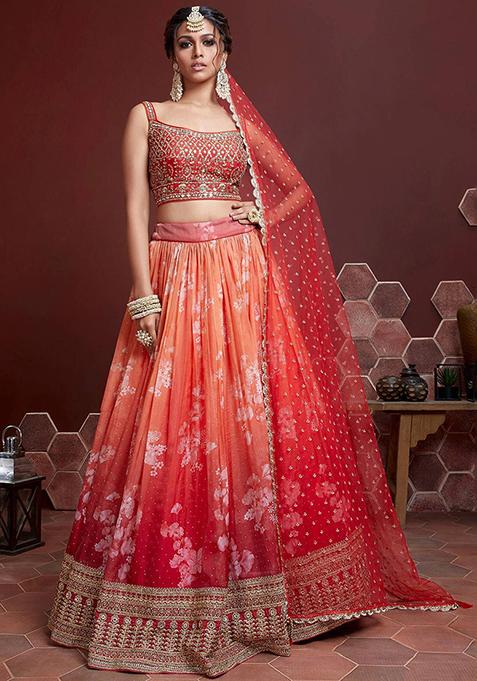 Orange Digital Print Silk Lehenga Set