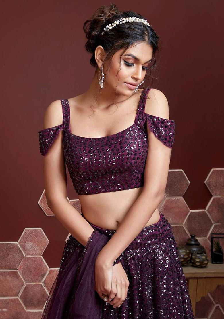 Purple Embroidered Net Lehenga Set