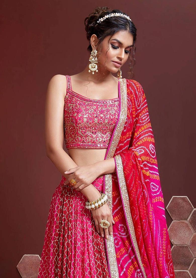 Pink Embroidered Chinon Lehenga Set