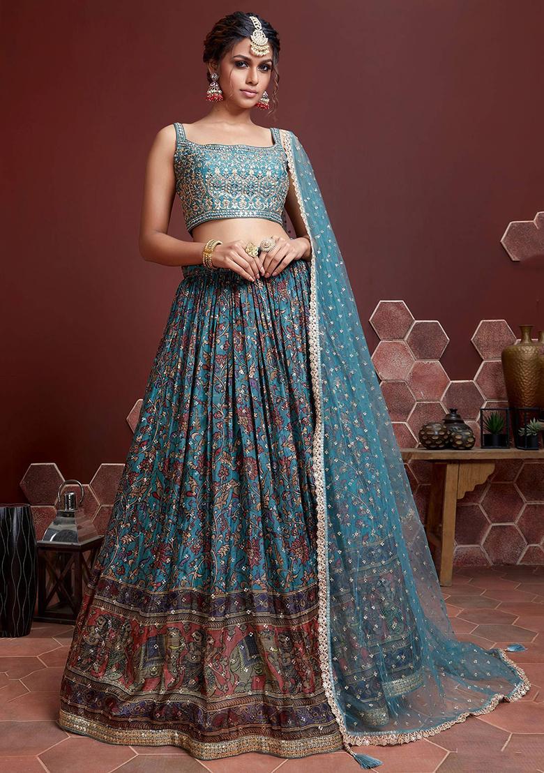 Blue Embroidered Chinon Lehenga Set