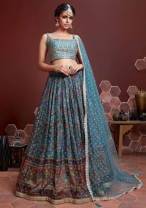 Blue Embroidered Chinon Lehenga Set