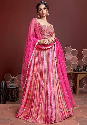 Pink Embroidered Chinon Lehenga Set