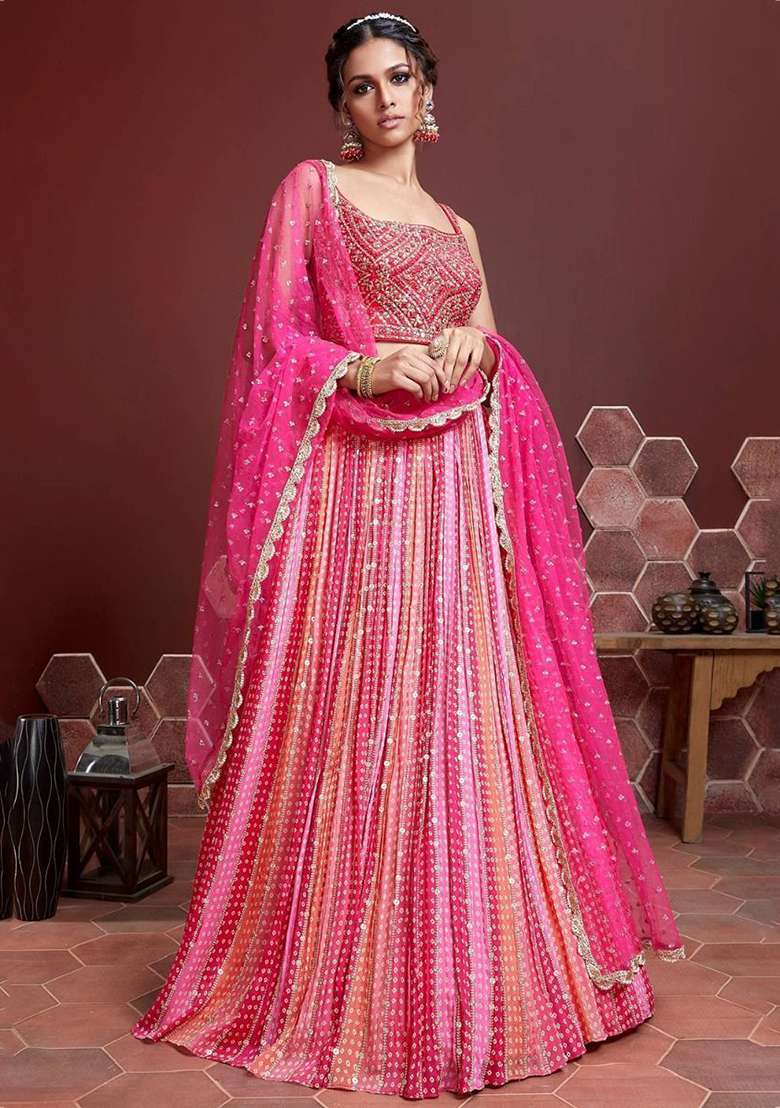 Pink Chinon Lehenga Set with Embroidered for Diwali | Wedding & Festive Wear - Indya
