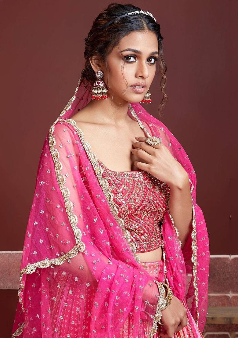 Pink Embroidered Chinon Lehenga Set