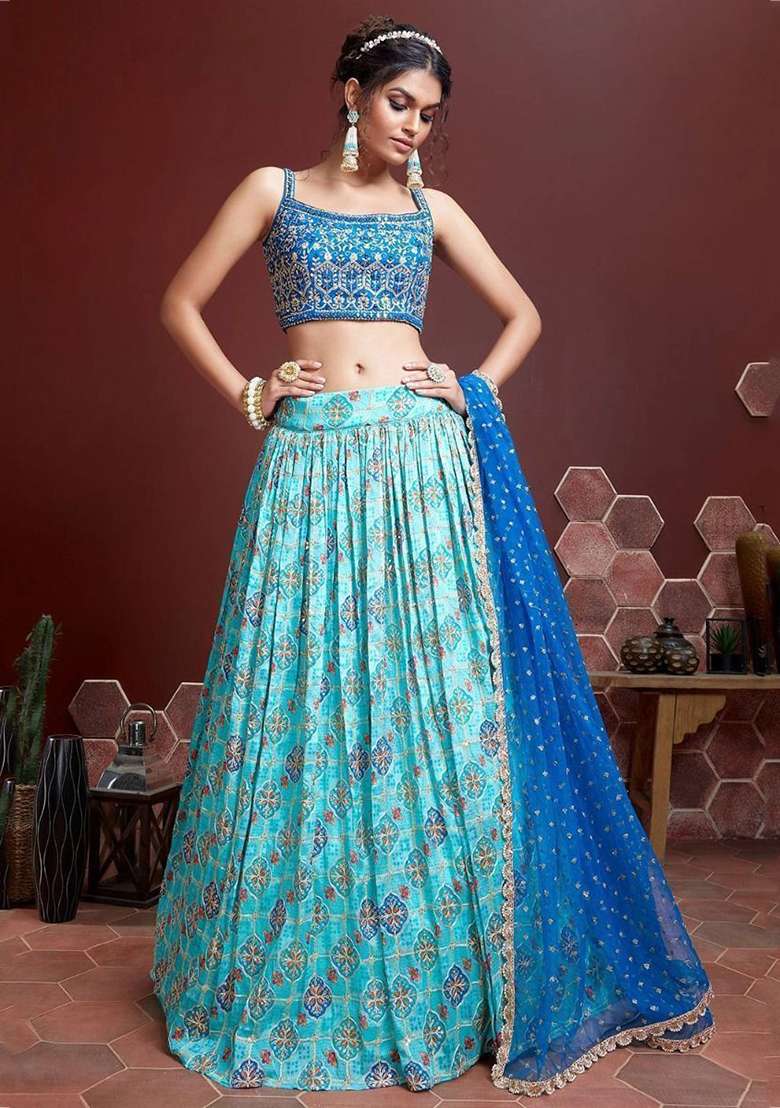 Sky Blue Digital Print Chinon Lehenga Set for Diwali and Festive Wear - Indya