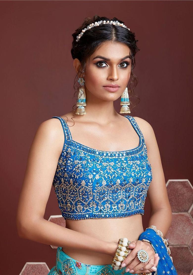 Sky Blue Digital Print Chinon Lehenga Set