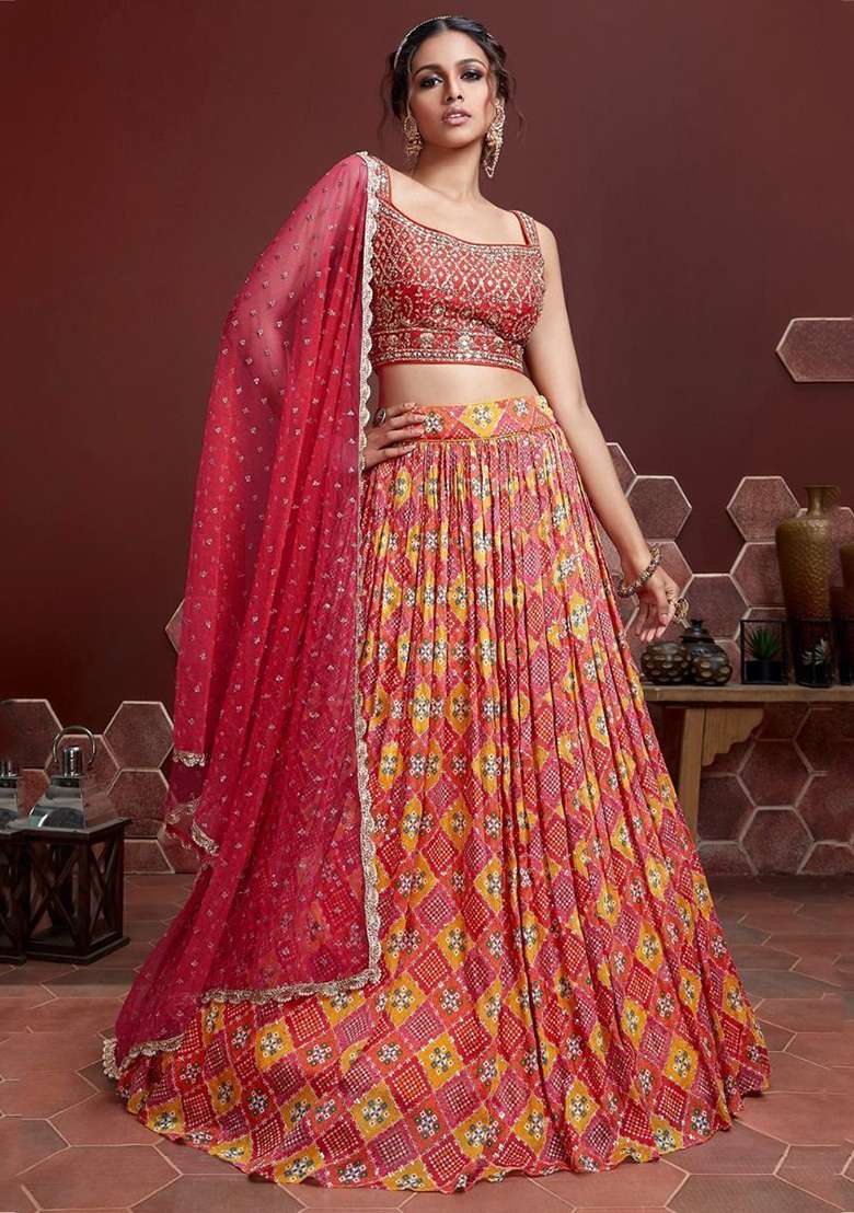 Red Chinon Lehenga Set with Digital Print for Diwali | Wedding & Festive Wear - Indya