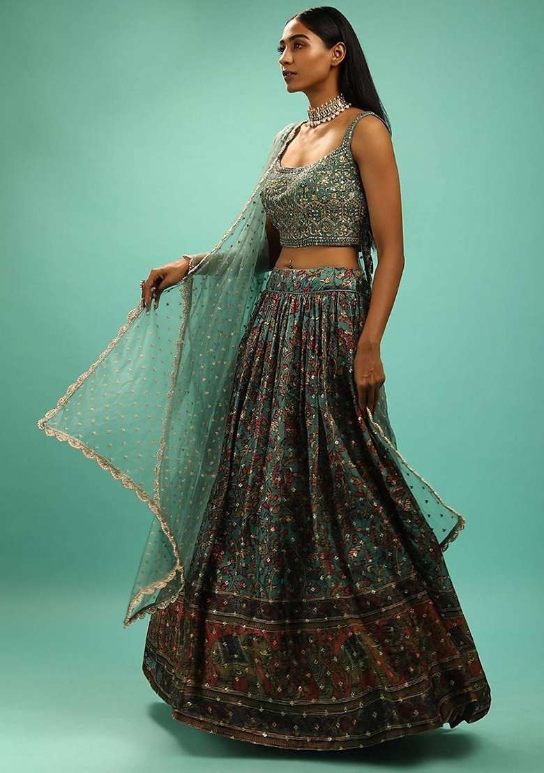 Green Chinon Lehenga Set with Digital Print for Diwali | Wedding & Festive Wear - Indya