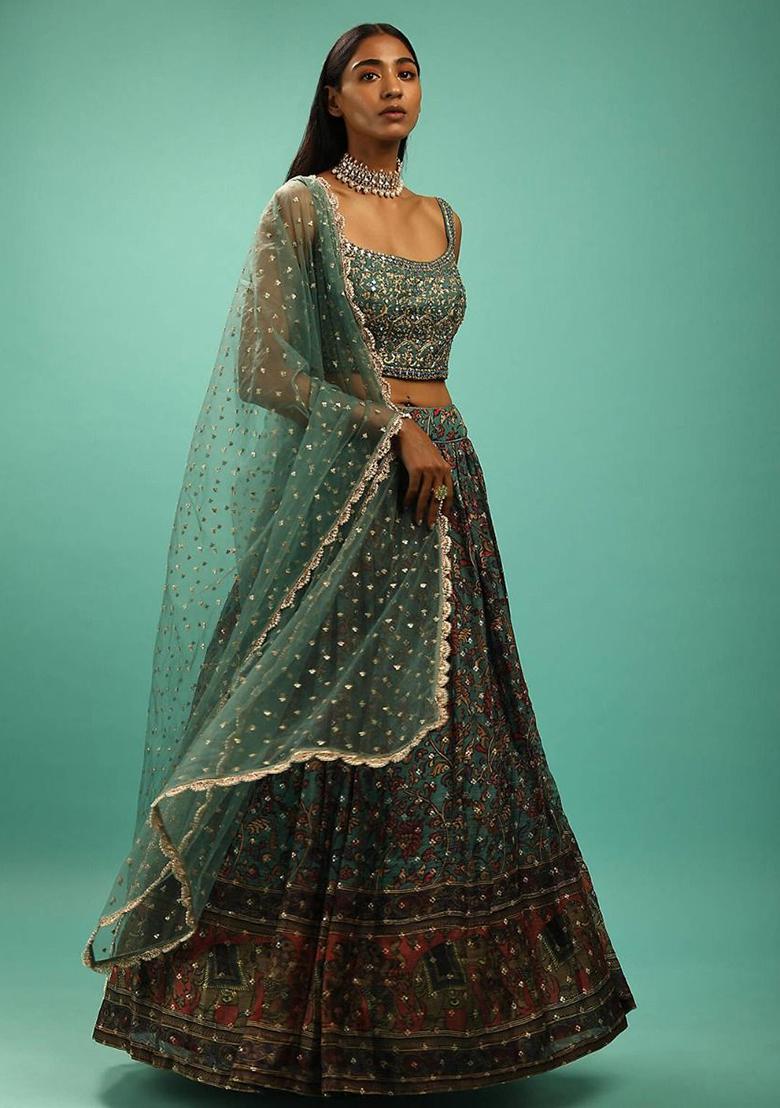 Green Digital Print Chinon Lehenga Set