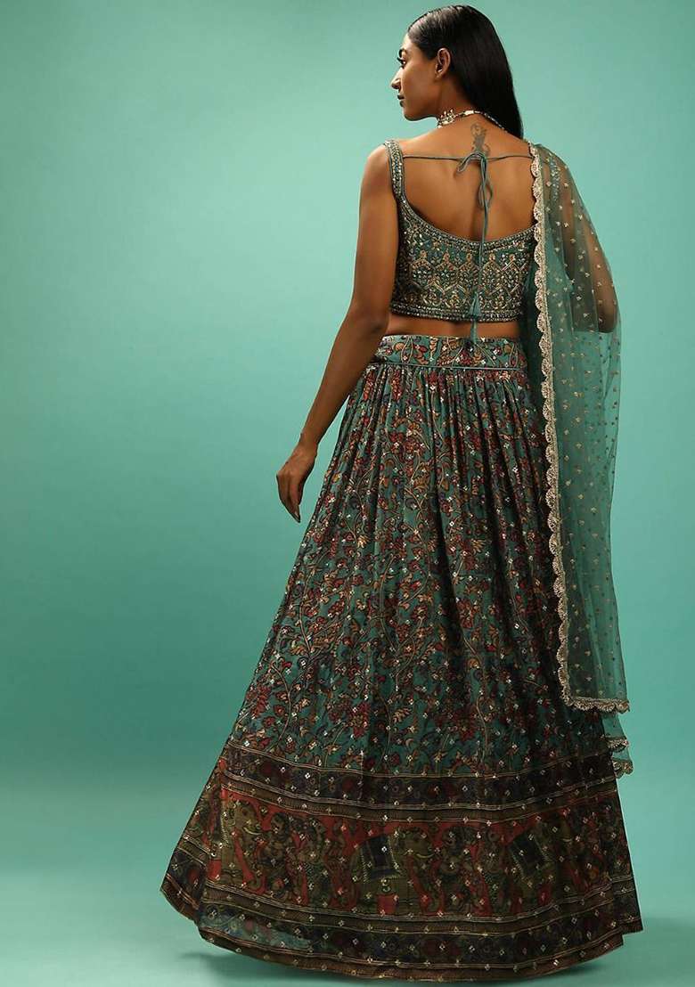 Green Chinon Lehenga Set with Digital Print for Diwali | Wedding & Festive Wear - Indya