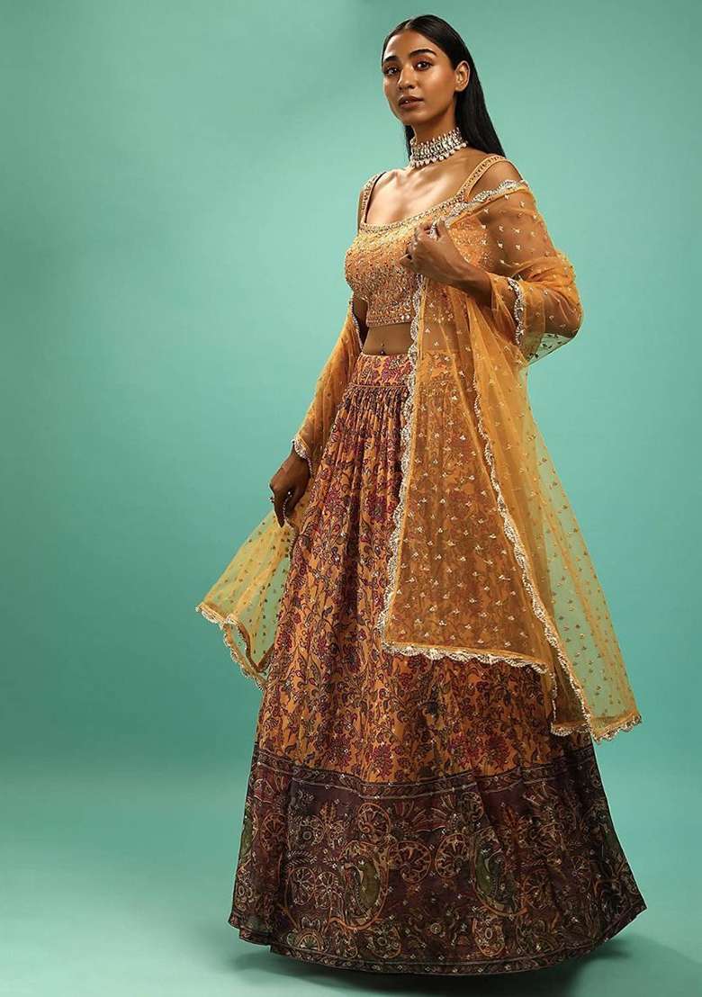 Yellow Digital Print Chinon Lehenga Set for Diwali and Festive Wear - Indya