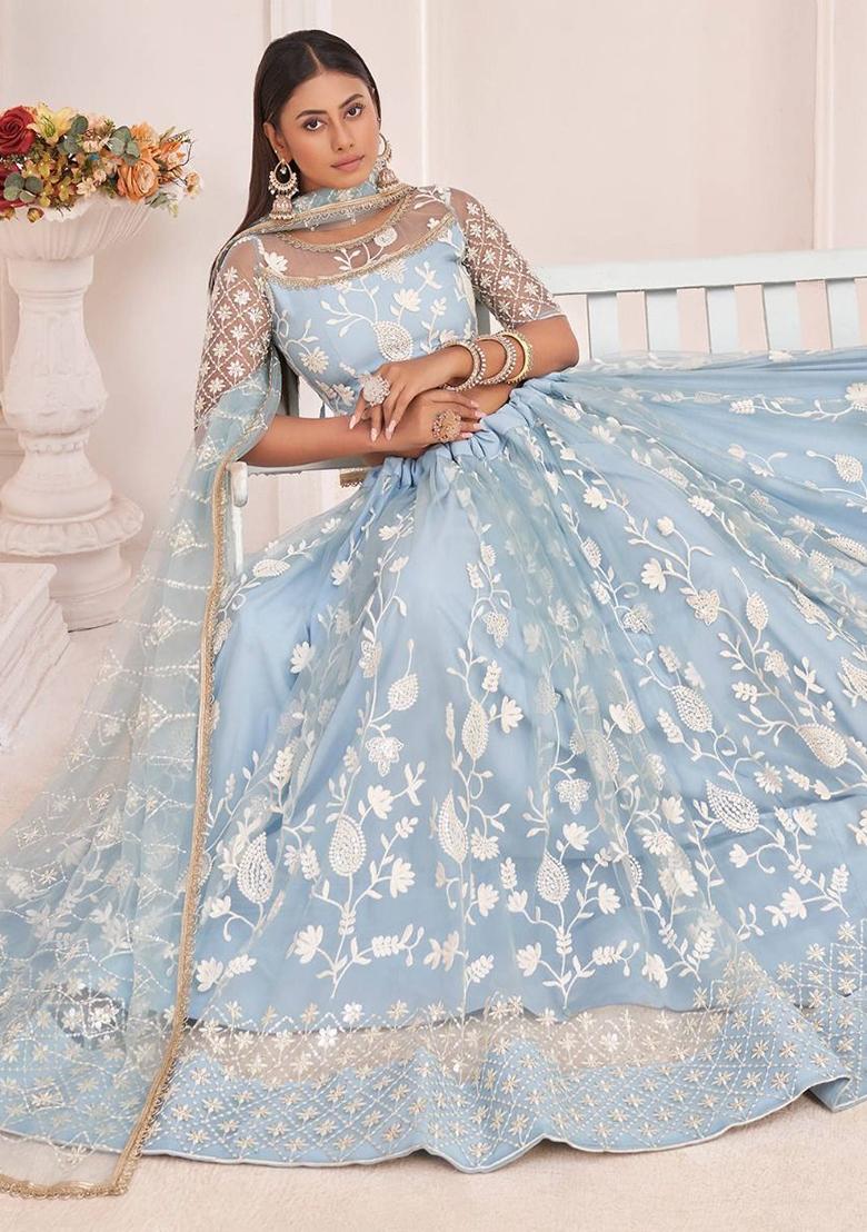 Sky Blue Embroidered Net Lehenga Set