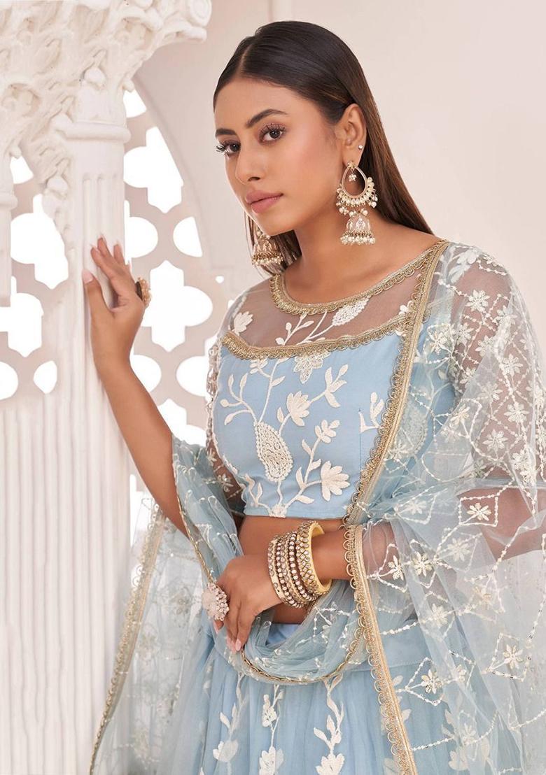 Sky Blue Embroidered Net Lehenga Set