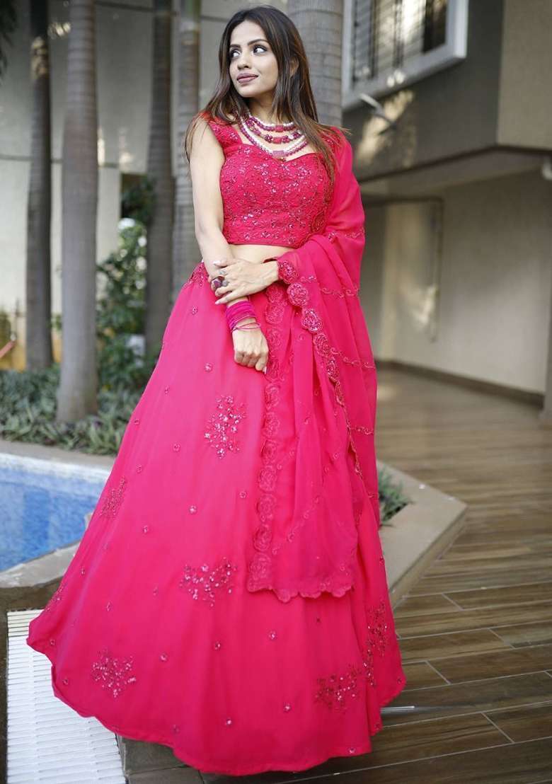 Pink Sequin Embroidered Georgette Lehenga Set for Diwali and Festive Wear - Indya