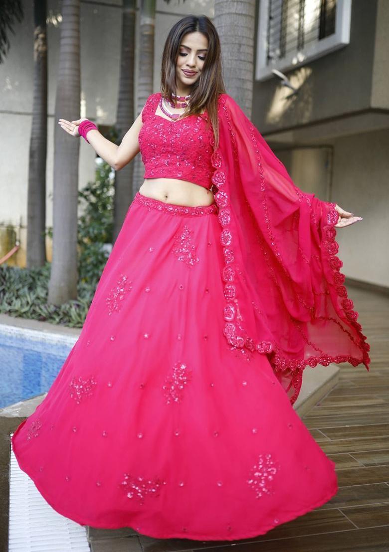 Pink Sequin Embroidered Georgette Lehenga Set
