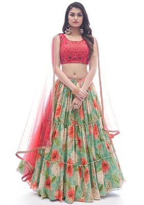 Multicolour Digital Print Chinon Lehenga Set